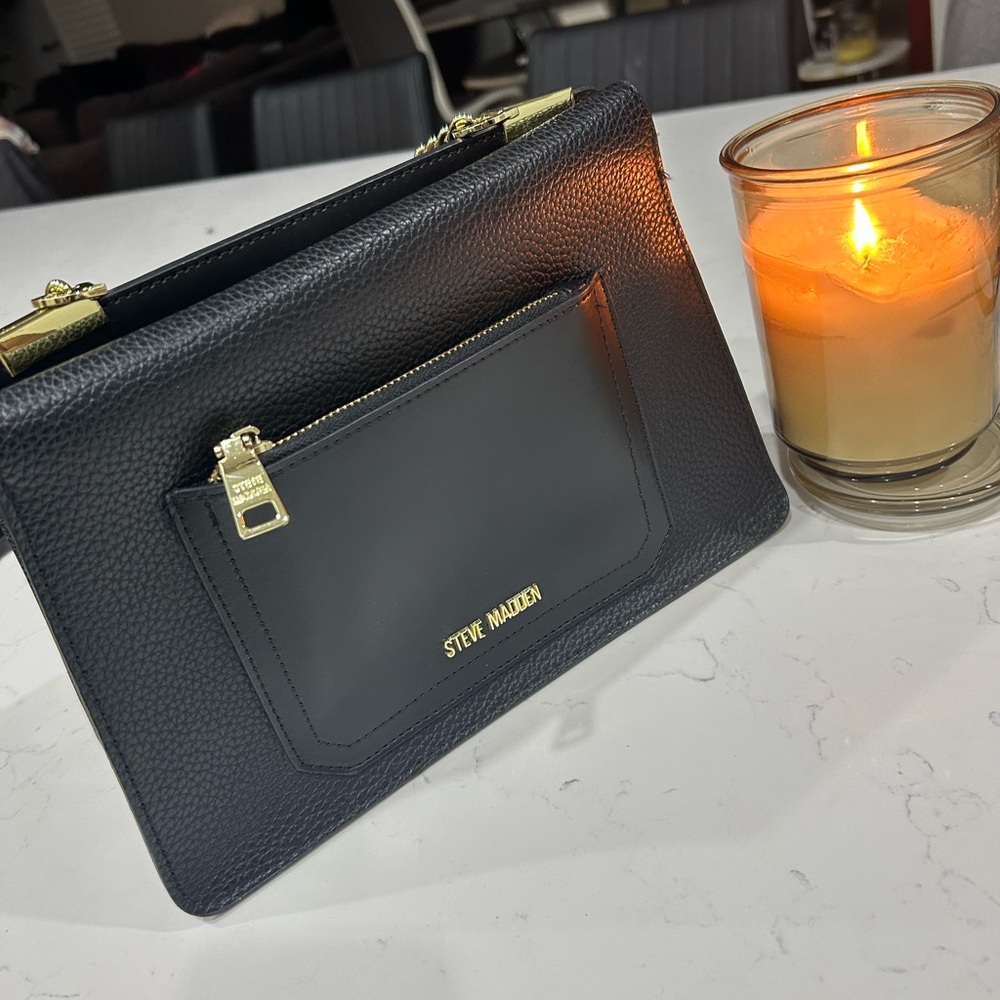 Steve Madden Black Pebbled & Smooth Leather Crossbody with Gold Accents